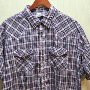 Express Rider Shirt Mens 2XL Blue Plaid Short Sleeve Western Snap Front Casual